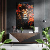 Lion in Flowers Brushed Aluminum Dibond Wall Art.